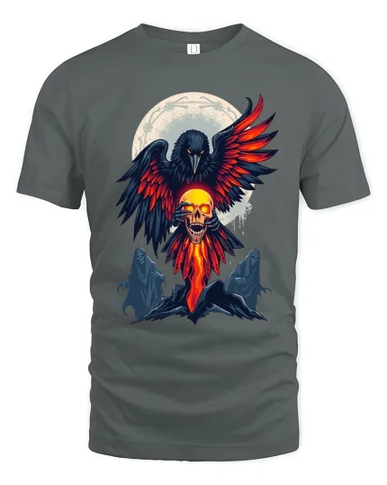 Flaming Raven Skull Spirit Tee for Dark Fantasy Fans - gray t-shirt on white background