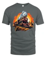 Vintage Steam Train Adventure Graphic Tee for Rail Fans - gray t-shirt on white background