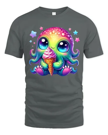 Kawaii Rainbow Octopus Ice Cream Cute Summer Graphic Tee - gray t-shirt on white background