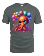 Cute Balloon Party Octopus Kawaii Happy Celebration Tee - gray t-shirt on white background