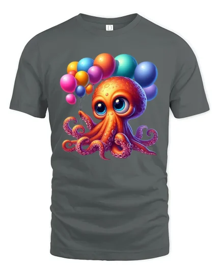 Cute Balloon Party Octopus Kawaii Happy Celebration Tee - gray t-shirt on white background