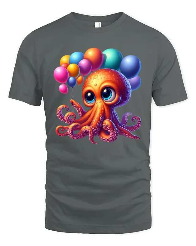 Cute Balloon Party Octopus Kawaii Happy Celebration Tee - gray t-shirt on white background