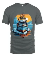 Retro Fishing Boat Adventure Sunset Ocean Graphic Tee - gray t-shirt on white background
