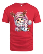 Cute Pink Christmas Gnome Snowman Friends Holiday Graphic Tee - red t-shirt on white background