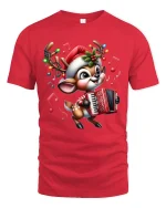 Cute Musical Reindeer Christmas Tee with Festive Accordion - red t-shirt on white background