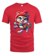 Cute Winter Skater Critter Tee with Flowers and Colorful Scarf - red t-shirt on white background
