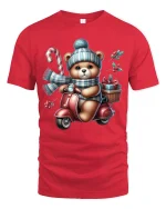 Christmas Teddy Scooter Ride Tee with Candy Cane and Gifts - red t-shirt on white background