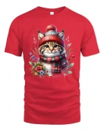 Cozy Winter Kitty Christmas Tee with Scarf and Beanie - red t-shirt on white background
