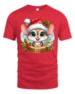 Cute Christmas Mouse Tee with Santa Hat and Winter Flowers - red t-shirt on white background