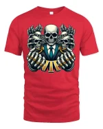 VIP Skull Power Tee with Epic Skeleton Suit Art - red t-shirt on white background