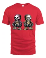 Urban Skeleton Duo Streetwear Tee with Cool Hoodie Art - red t-shirt on white background