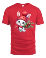 Cute Christmas Bunny Tee with Holiday Berries and Cozy Hat - red t-shirt on white background