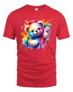 Rainbow Splash Teddy Bear Tee Cute Colorful Art Shirt - red t-shirt on white background