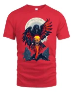 Flaming Raven Skull Spirit Tee for Dark Fantasy Fans - red t-shirt on white background