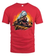 Vintage Steam Train Adventure Graphic Tee for Rail Fans - red t-shirt on white background