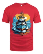 Retro Fishing Boat Adventure Sunset Ocean Graphic Tee - red t-shirt on white background