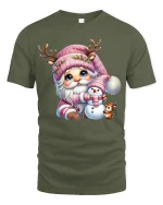 Cute Pink Christmas Gnome Snowman Friends Holiday Graphic Tee - military green t-shirt on white background