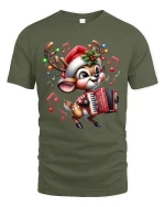 Cute Musical Reindeer Christmas Tee with Festive Accordion - military green t-shirt on white background