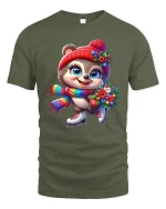 Cute Winter Skater Critter Tee with Flowers and Colorful Scarf - military green t-shirt on white background