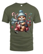Christmas Teddy Scooter Ride Tee with Candy Cane and Gifts - military green t-shirt on white background