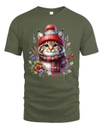 Cozy Winter Kitty Christmas Tee with Scarf and Beanie - military green t-shirt on white background