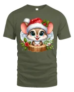 Cute Christmas Mouse Tee with Santa Hat and Winter Flowers - military green t-shirt on white background