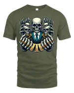 VIP Skull Power Tee with Epic Skeleton Suit Art - military green t-shirt on white background