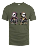 Urban Skeleton Duo Streetwear Tee with Cool Hoodie Art - military green t-shirt on white background