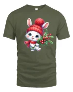 Cute Christmas Bunny Tee with Holiday Berries and Cozy Hat - military green t-shirt on white background