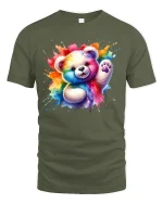 Rainbow Splash Teddy Bear Tee Cute Colorful Art Shirt - military green t-shirt on white background