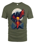 Flaming Raven Skull Spirit Tee for Dark Fantasy Fans - military green t-shirt on white background