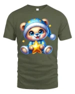 Cute Pajama Bear Holding Star Cozy Nighttime Graphic Tee - military green t-shirt on white background