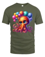 Cute Balloon Party Octopus Kawaii Happy Celebration Tee - military green t-shirt on white background