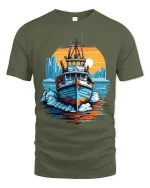 Retro Fishing Boat Adventure Sunset Ocean Graphic Tee - military green t-shirt on white background