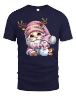 Cute Pink Christmas Gnome Snowman Friends Holiday Graphic Tee - navy t-shirt on white background