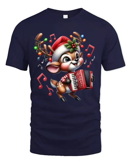 Cute Musical Reindeer Christmas Tee with Festive Accordion - navy t-shirt on white background