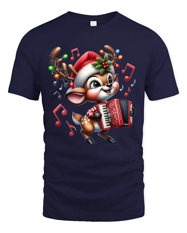 Cute Musical Reindeer Christmas Tee with Festive Accordion - navy t-shirt on white background