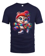 Cute Winter Skater Critter Tee with Flowers and Colorful Scarf - navy t-shirt on white background