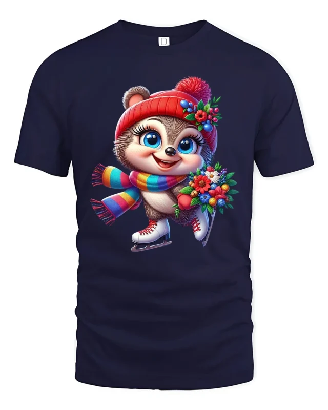 Cute Winter Skater Critter Tee with Flowers and Colorful Scarf - navy t-shirt on white background