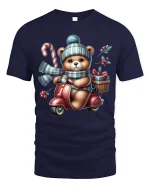 Christmas Teddy Scooter Ride Tee with Candy Cane and Gifts - navy t-shirt on white background