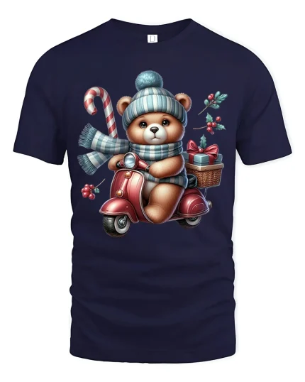 Christmas Teddy Scooter Ride Tee with Candy Cane and Gifts - navy t-shirt on white background