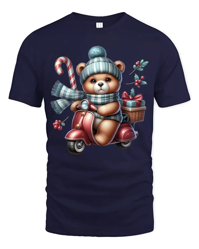 Christmas Teddy Scooter Ride Tee with Candy Cane and Gifts - navy t-shirt on white background