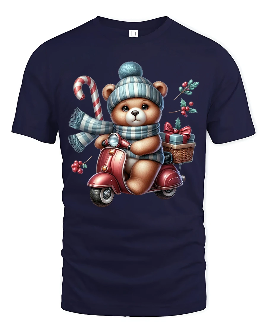 Christmas Teddy Scooter Ride Tee with Candy Cane and Gifts - 1 Christmas Teddy Scooter Ride Tee with Candy Cane and Gifts - navy t-shirt on white background