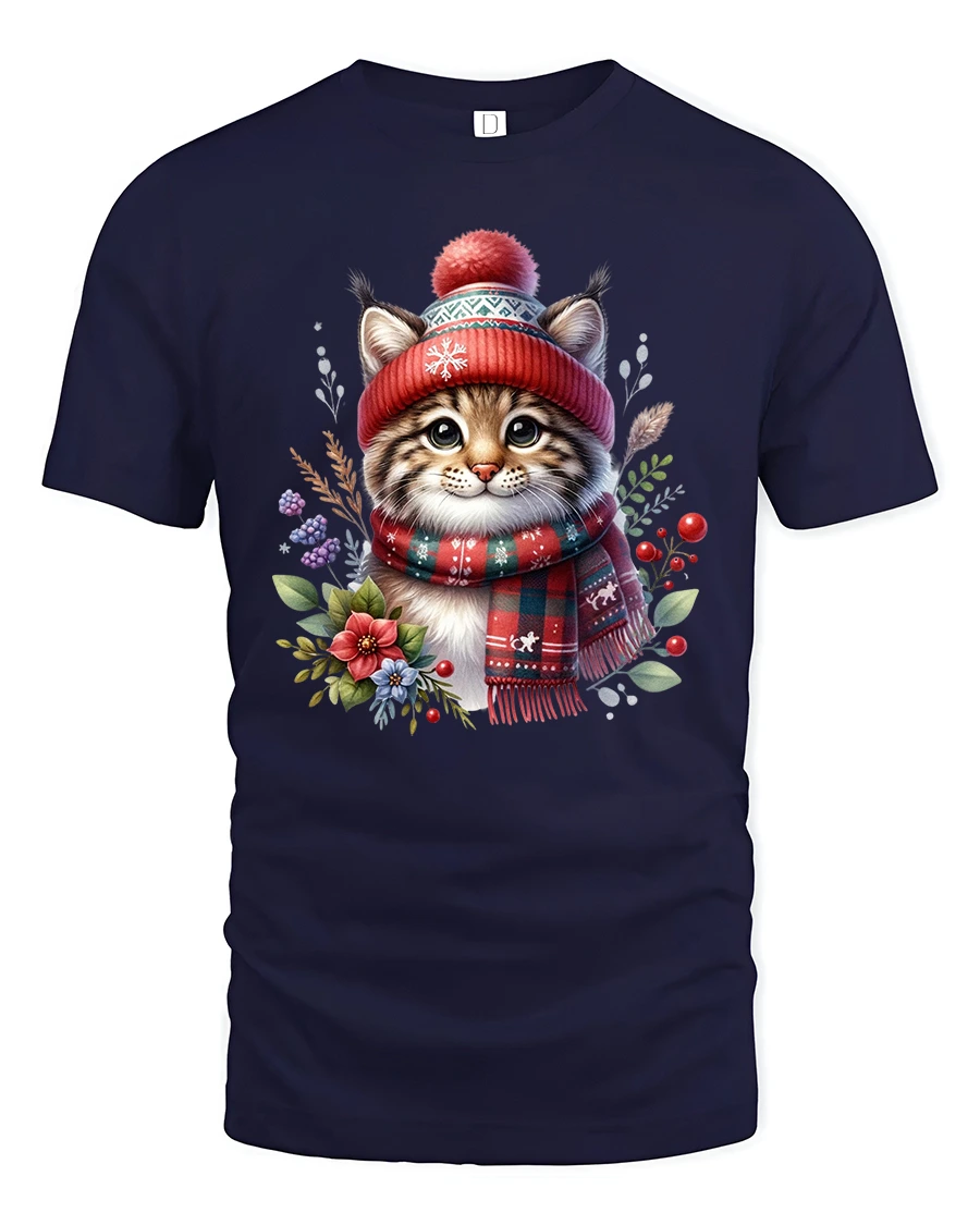 Cozy Winter Kitty Christmas Tee with Scarf and Beanie - 1 Cozy Winter Kitty Christmas Tee with Scarf and Beanie - navy t-shirt on white background