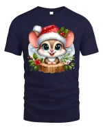 Cute Christmas Mouse Tee with Santa Hat and Winter Flowers - navy t-shirt on white background
