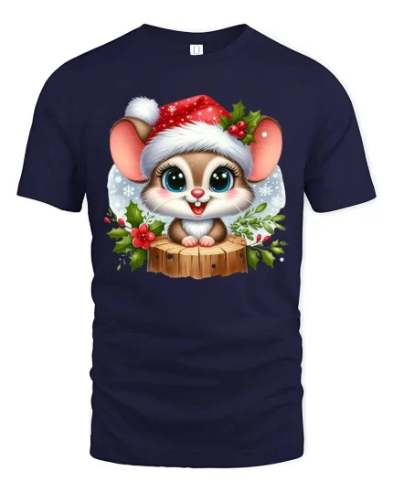 Cute Christmas Mouse Tee with Santa Hat and Winter Flowers - navy t-shirt on white background