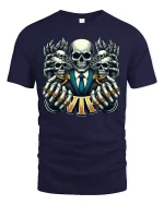 VIP Skull Power Tee with Epic Skeleton Suit Art - navy t-shirt on white background