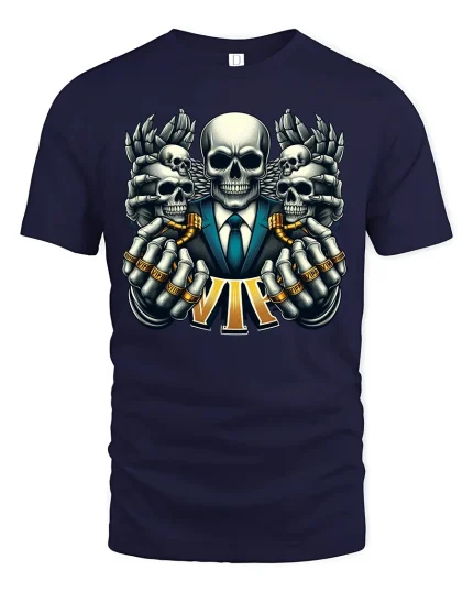 VIP Skull Power Tee with Epic Skeleton Suit Art - navy t-shirt on white background