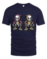 Urban Skeleton Duo Streetwear Tee with Cool Hoodie Art - navy t-shirt on white background
