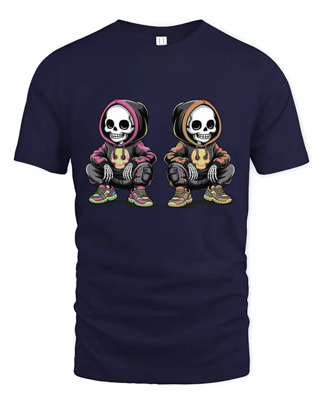 Urban Skeleton Duo Streetwear Tee with Cool Hoodie Art - navy t-shirt on white background